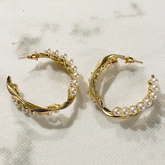 Pearl Gold Crossed Hoop Earrings - Picture 3 of 3